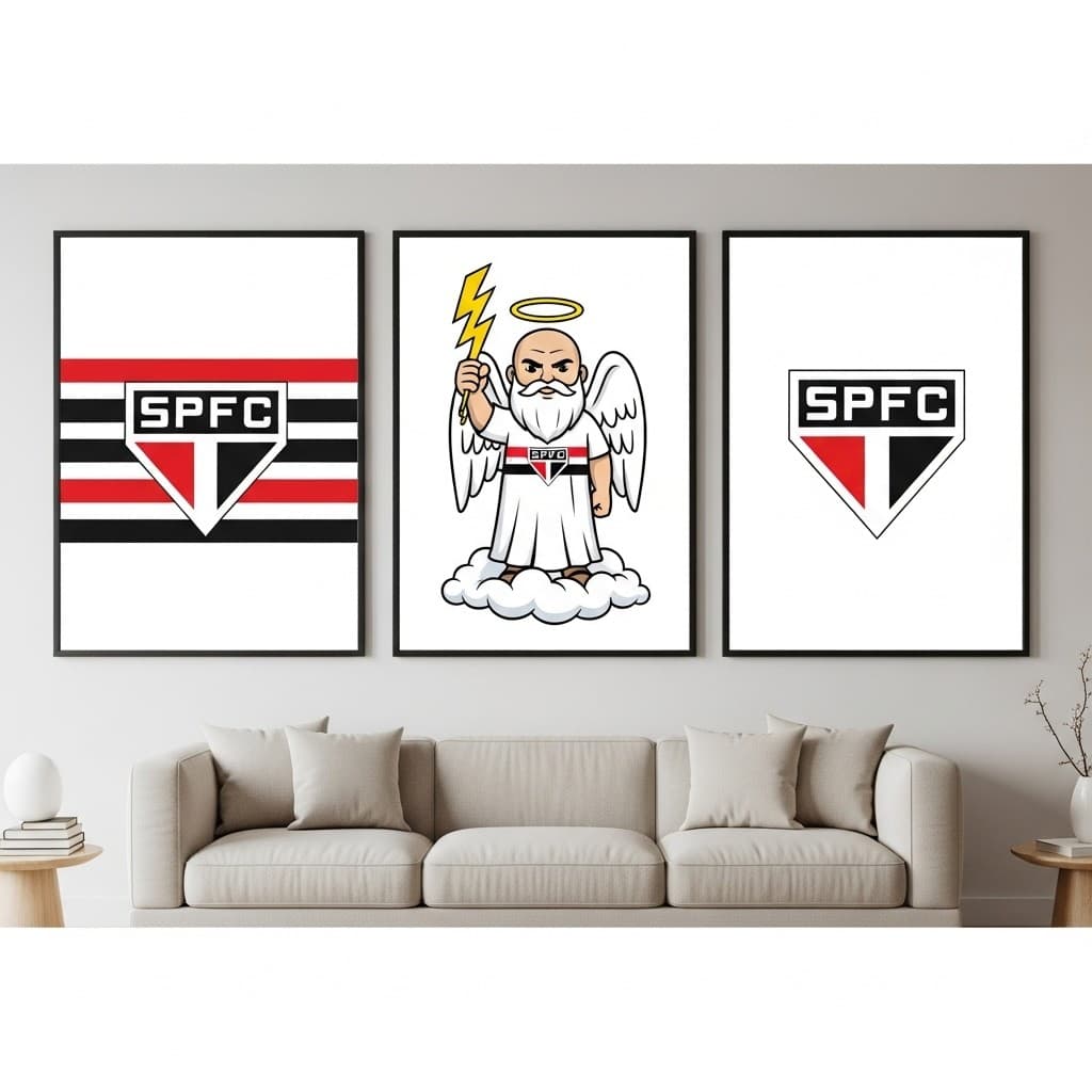 Quadro São Paulo FC Triplo Decorativo – Anjo Tricolor Mascote Oficial Arte Futebol Frete gratis 2026