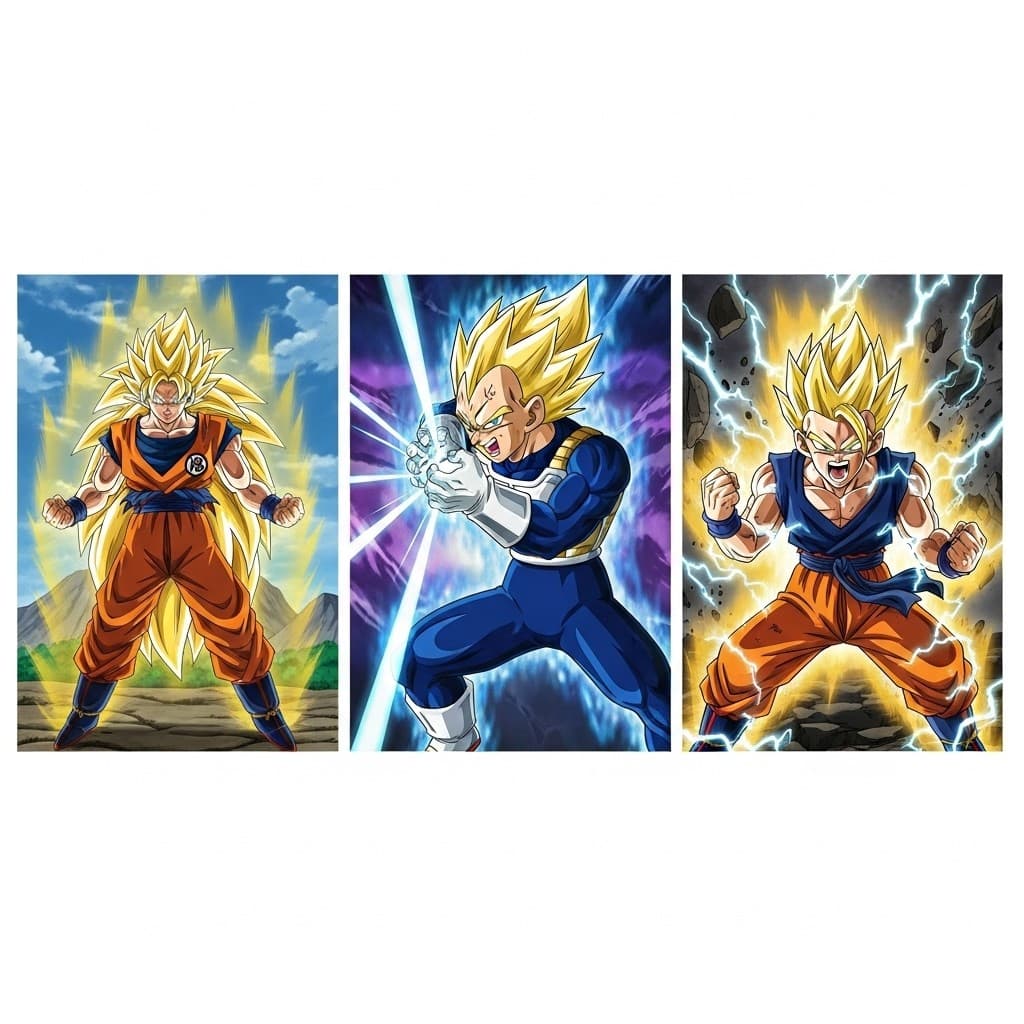 “Dragon Ball Raiz – Trio de Quadros Épicos de Goku, Vegeta e Gohan Que Todo Fã Precisa Ter!”