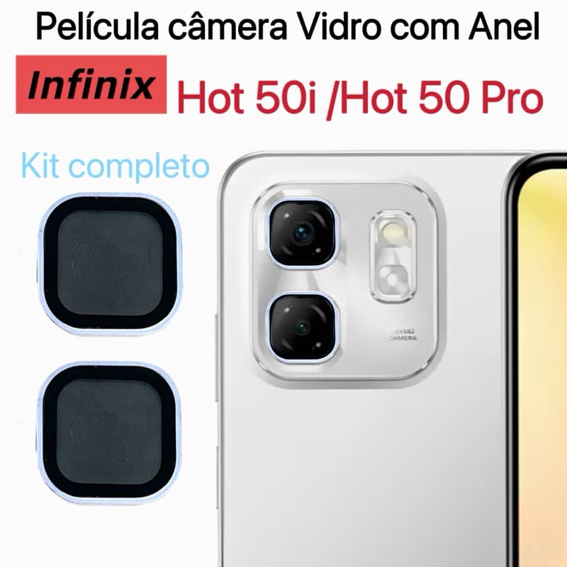 Kit Películas De Câmera vidro Para Infinix Hot 50i / Hot 50 Pro Vidro temperado Protetor De Lente Com Anel De Metal