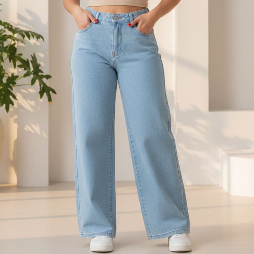 Calça Jeans Wide Basic - Wide Leg Feminina Moderna Cintura Alta Wide Basic