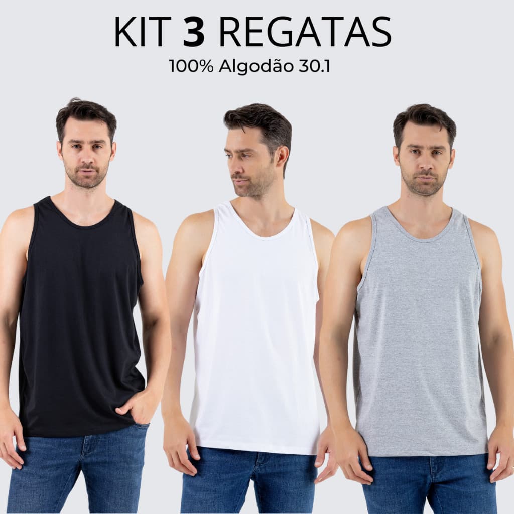 KIT 3 Regata Menos Cavada Masculina Básica 100% Algodão Preto Branco Azul e Cinza Acabamento Premium