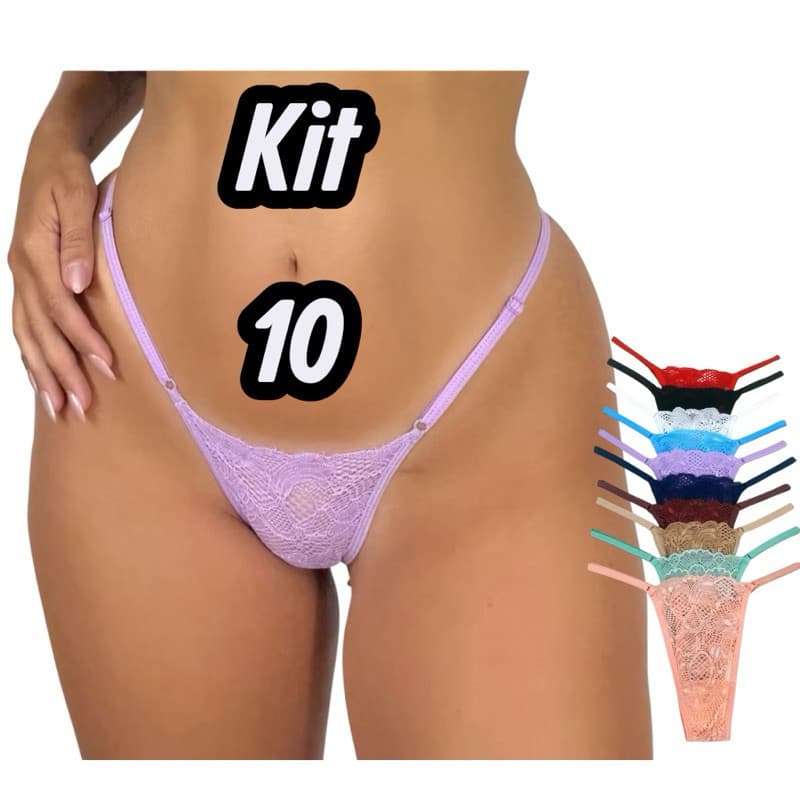 Kit 10 Calcinhas Fio Dental Regulagem Lateral Renda Feminina Academia