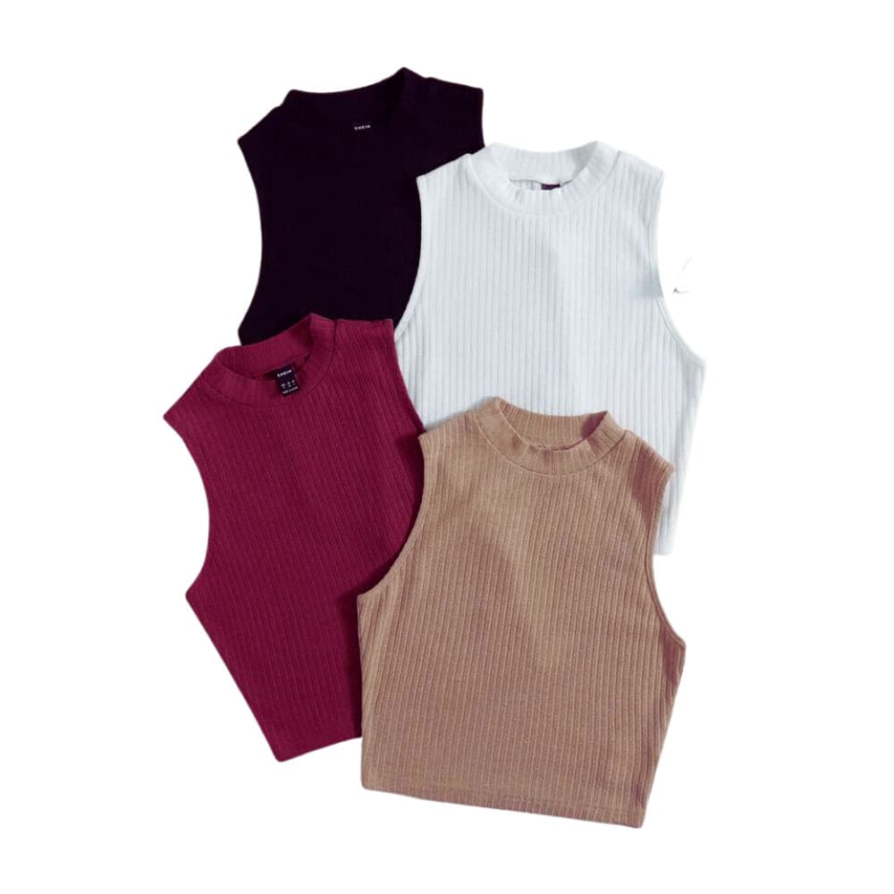 Kit 3 Blusas Croppeds Canelado Gola Alta Básica Feminina Minimalista Elegante Luxo Chic
