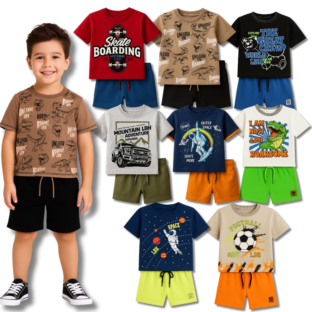 Kit Sortido 6 ou 10 Peças Coleção Masculino/Menino Camisetas + Bermudas Infantil Verão