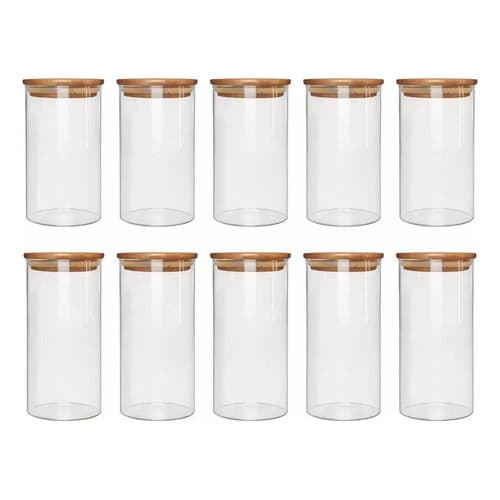 Kit 10 Potes Herméticos De Vidro 200ml Com Tampa De Bambu Transparente