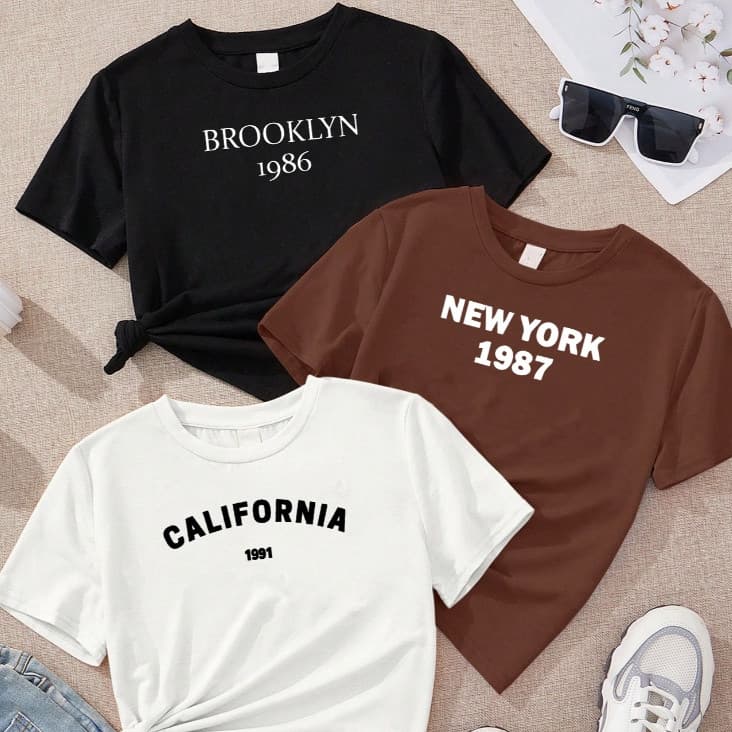kit3 Camisetas feminina de algodão Brooklyn New-York California off white malha premium T-Shirts