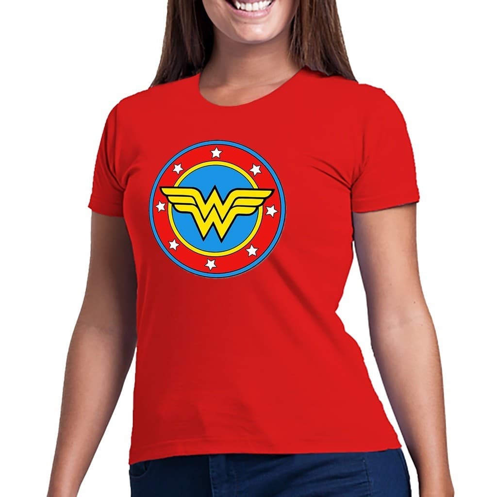 Camiseta Feminina Mulher Maravilha Vermelha/Preta