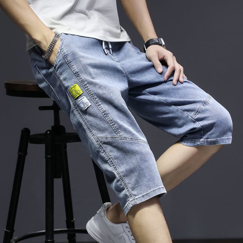 Cintura elástica estiramento Denim Shorts masculino solto cordão verão fino calças de cinco pontos 2024 novo estilo exte
