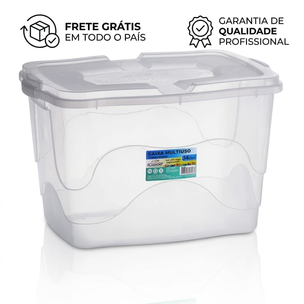 Kit 3 Caixas Organizadoras 34L Transparentes com Tampa Trava para Brinquedos Roupas e Organização Multiuso