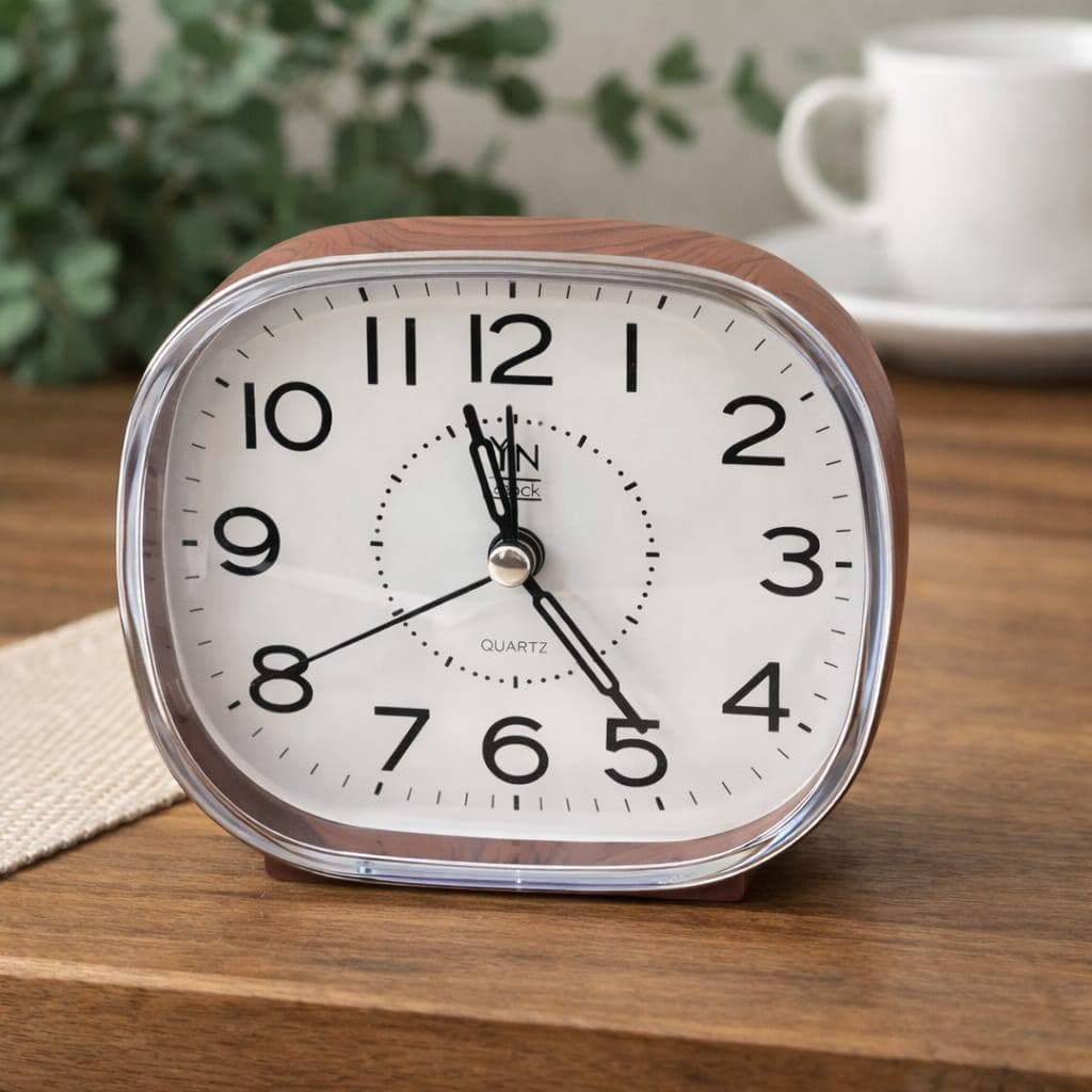Relógio Despertador Quartz Silencioso Estilo Madeira Mesa