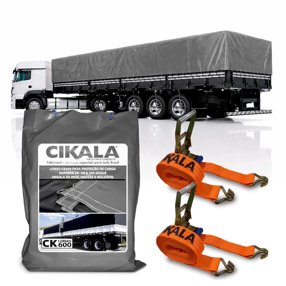 Lona CK600 Cinza 7x4 Caminhão +2 Cinta Amarração Laranja