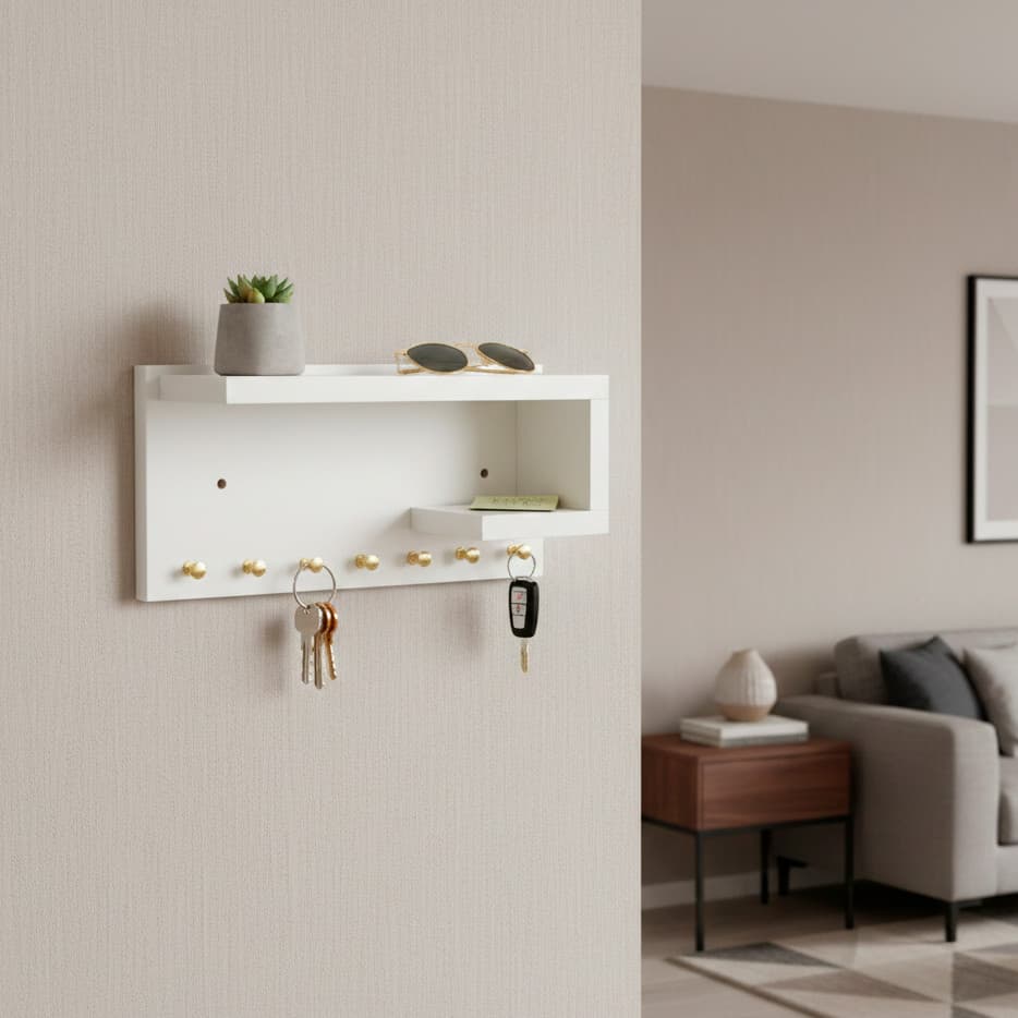 Porta Chaves de Parede MDF Branco com Prateleira e Ganchos Organizador Decorativo Corredor Cozinha