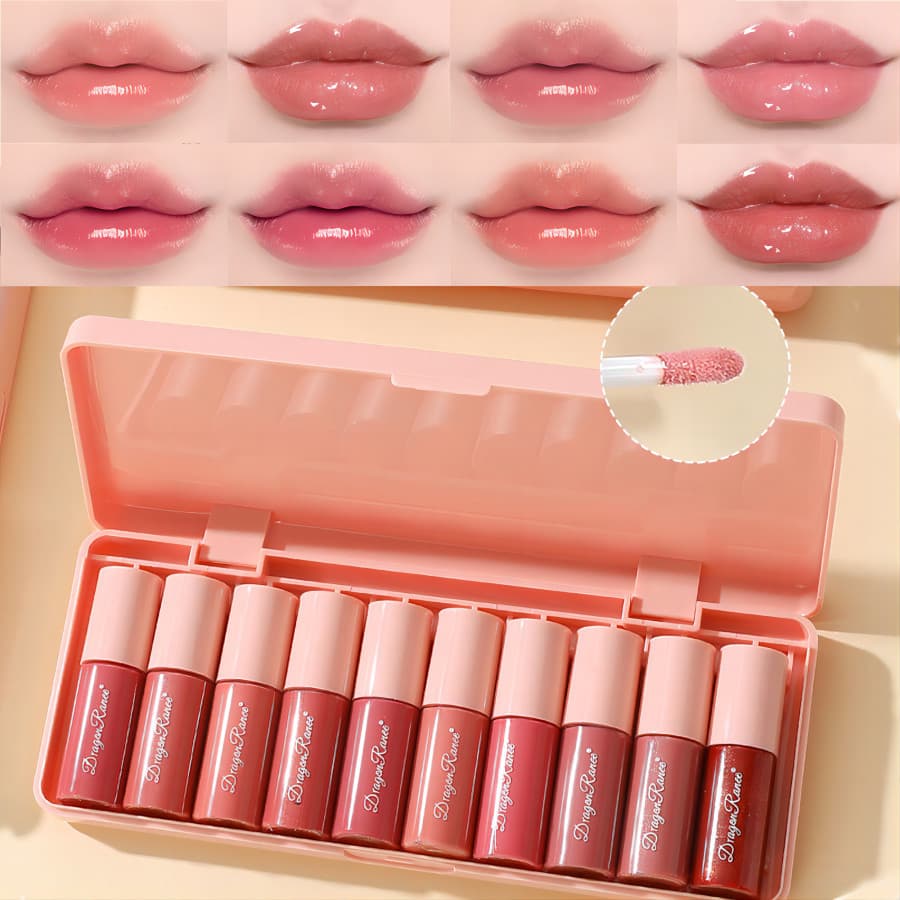 Conjunto de Brilho Labial Dragon Ranee 10 Peças: Brilhante, Matte Aveludado, Hidratante, à Prova de Borrões