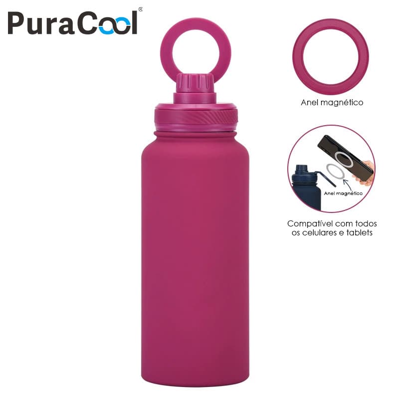 PuraCool Garrafa Térmica 1L 1000ml Inox Frio Quente com Suporte Magnético Celular Academia Base de Silicone