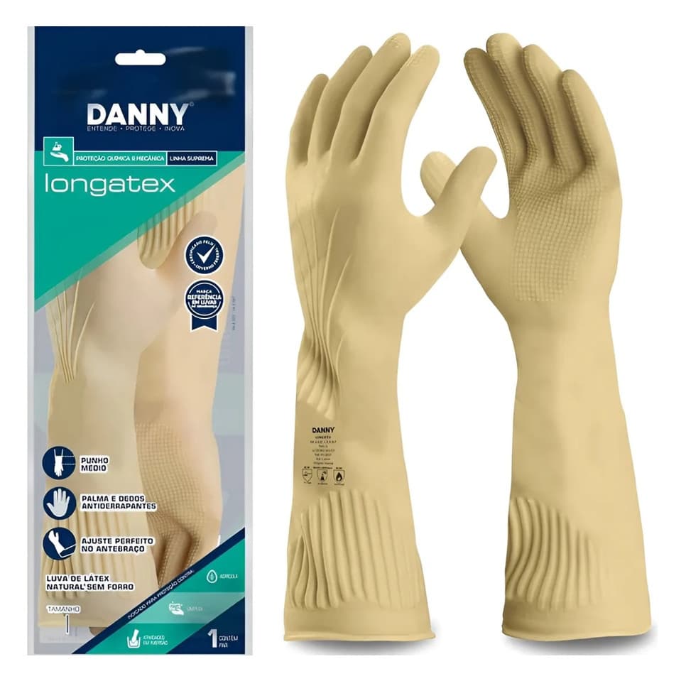 Luva Punho Longo Látex Longatex Danny Antiderrapante Proteção Limpeza Jardinagem Tira Pelo Pet Epi