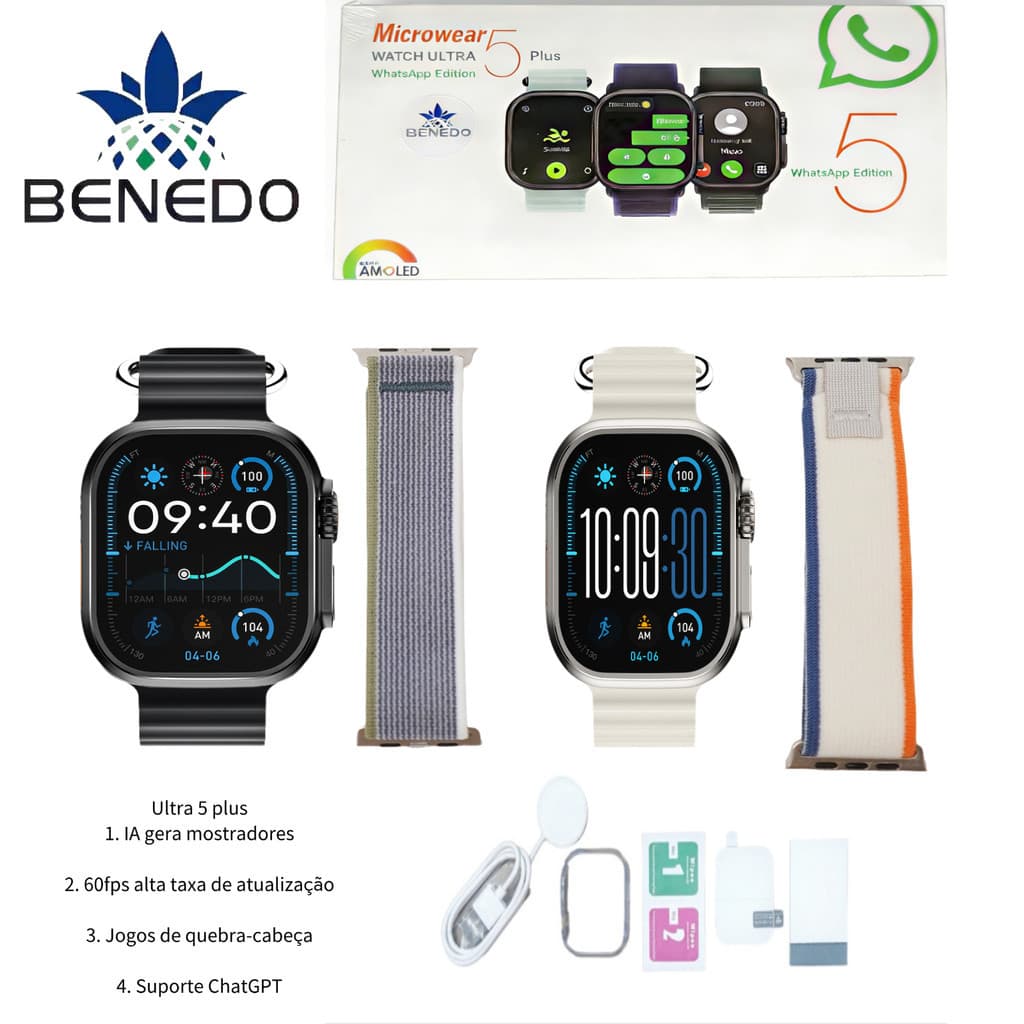Smartwatch Microwear U5 Plus 49mm Séries 11 2026 2 Pulseiras Amoled IP68 À Prova D'água GPS 1GB