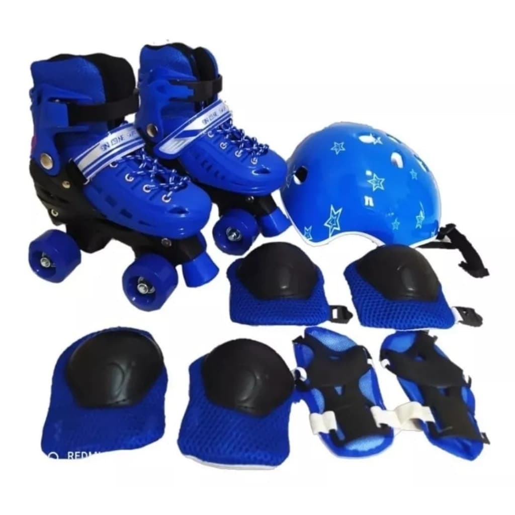 Patins Infantil Quad Azul Regulável 29-32, 33-36 Com Kit Proteção B12