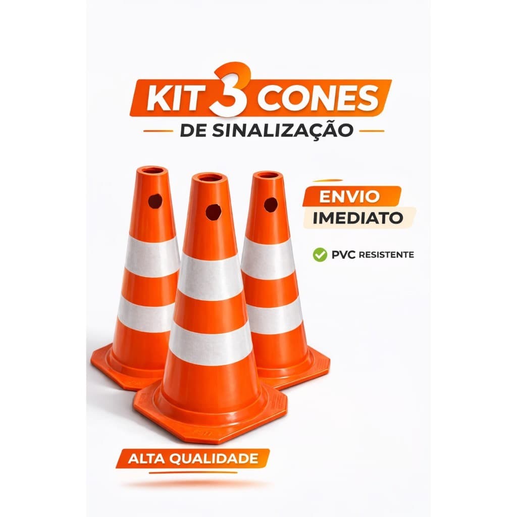 Kit de 3 Cones de Sinalização 50cm PVC Branco e Laranja PLASTCOR | Segurança Viária Rodovia Obras - 4302