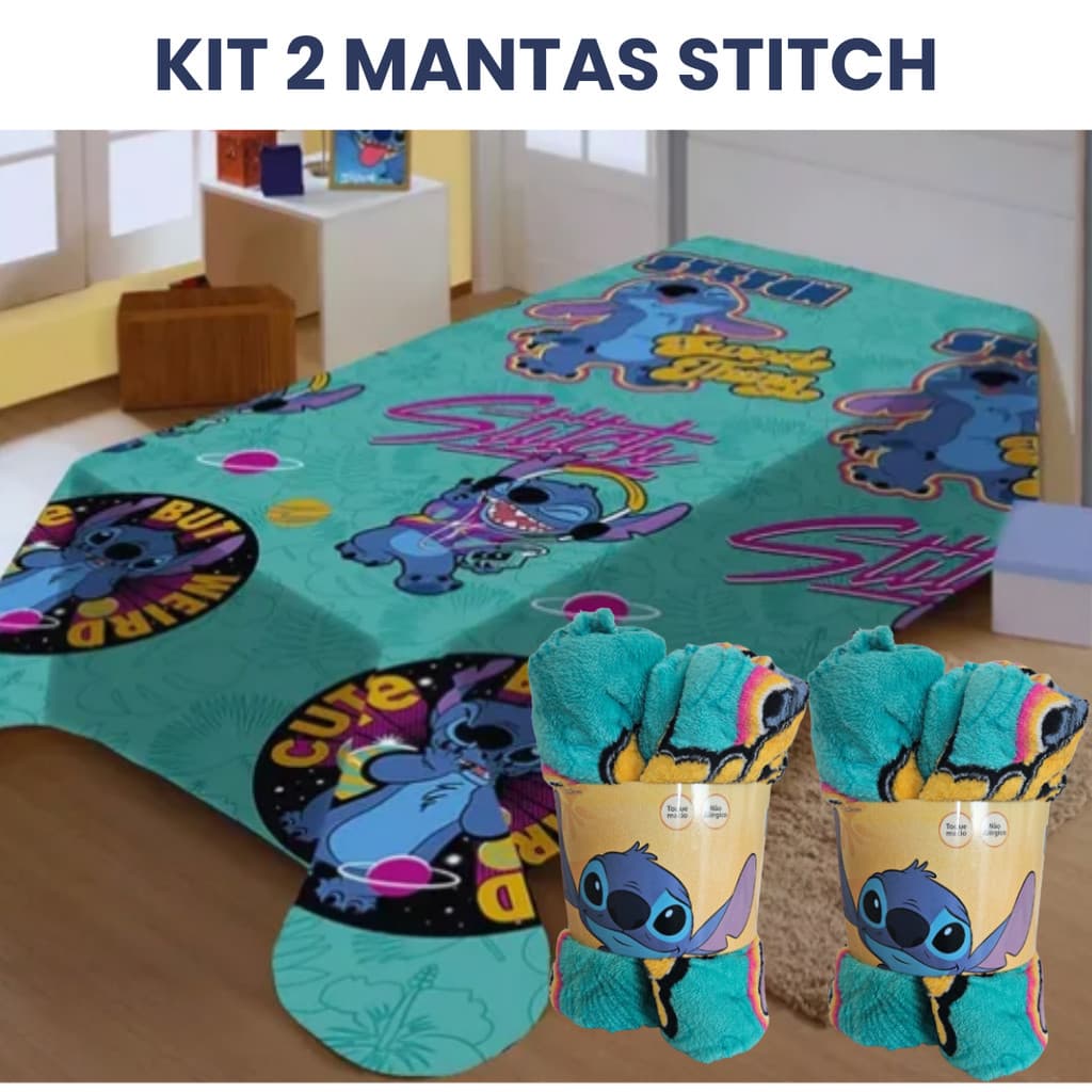 Kit 2 Mantas Stitch Solteiro 150x200 Microfibra Macia Quente Infantil Jolitex Original