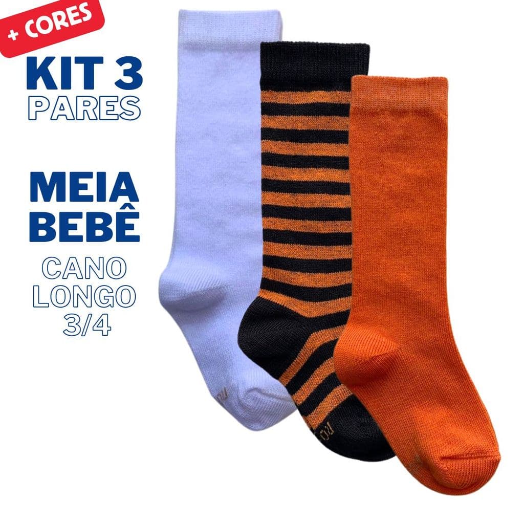 Kit 3 Pares de Meias Bebê Cano Longo 3/4 Listrada Ortese Algodão Conforto