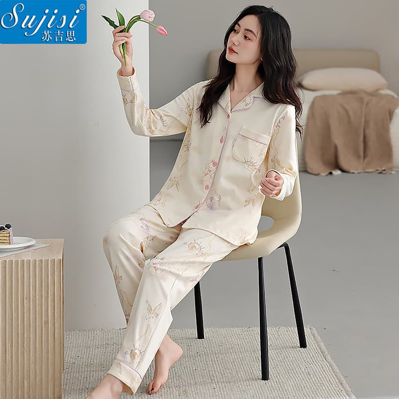 Ano puro algodão pijamas lapela confortável simples respirável senhoras High-End Homewear conjunto