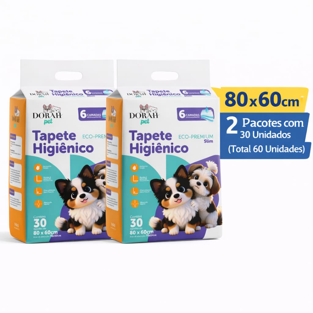 2x Tapete Higiênico Grande 80x60cm 30un Dorah -Pensando no bem-estar do seu Pet