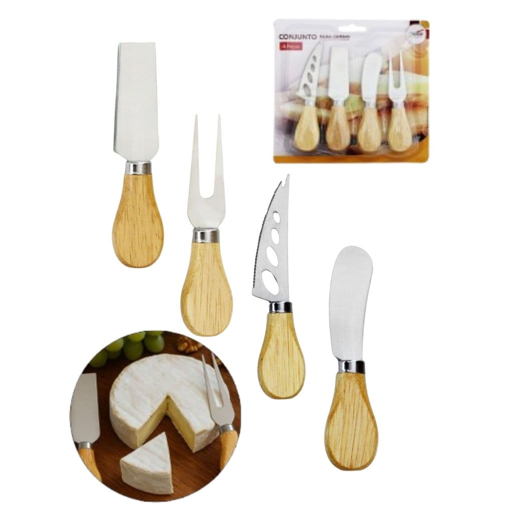 Kit 3 Conjunto para Queijo e Frios - 4 peças de Inox - Cabo de Madeira