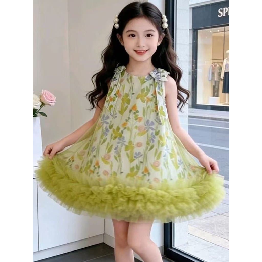 Meninas verão 2026 novo estilo chinês vestido sem mangas flor verde gaze Pettiskirt High-End pequeno vestido na moda