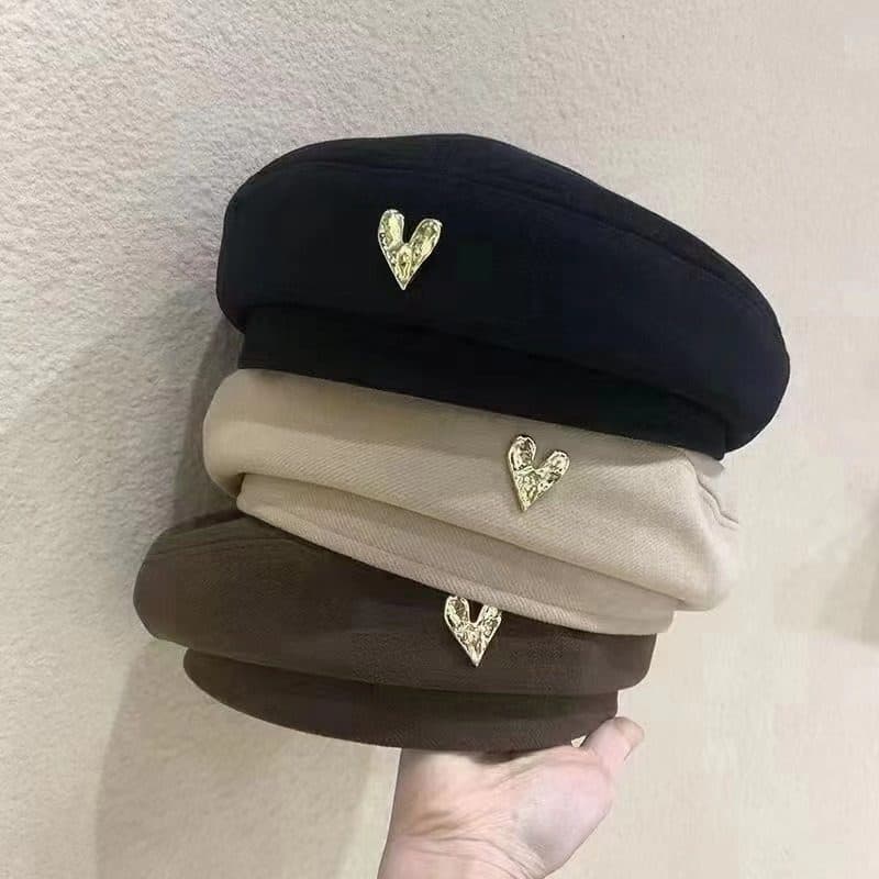 Influenciador ins amor etiqueta boina feminina inverno All-Match versão coreana primavera Retro preto lã pintor chapéu b
