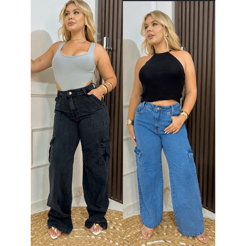 Kit Calça Feminina Wide Leg Cargo Pantalona Cintura Alta Bolsos Laterais Tendência Moda Casual Chic