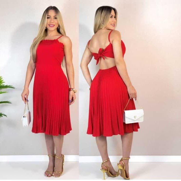 vestido femenino plissado midi com bojo e forro  alca regulavel