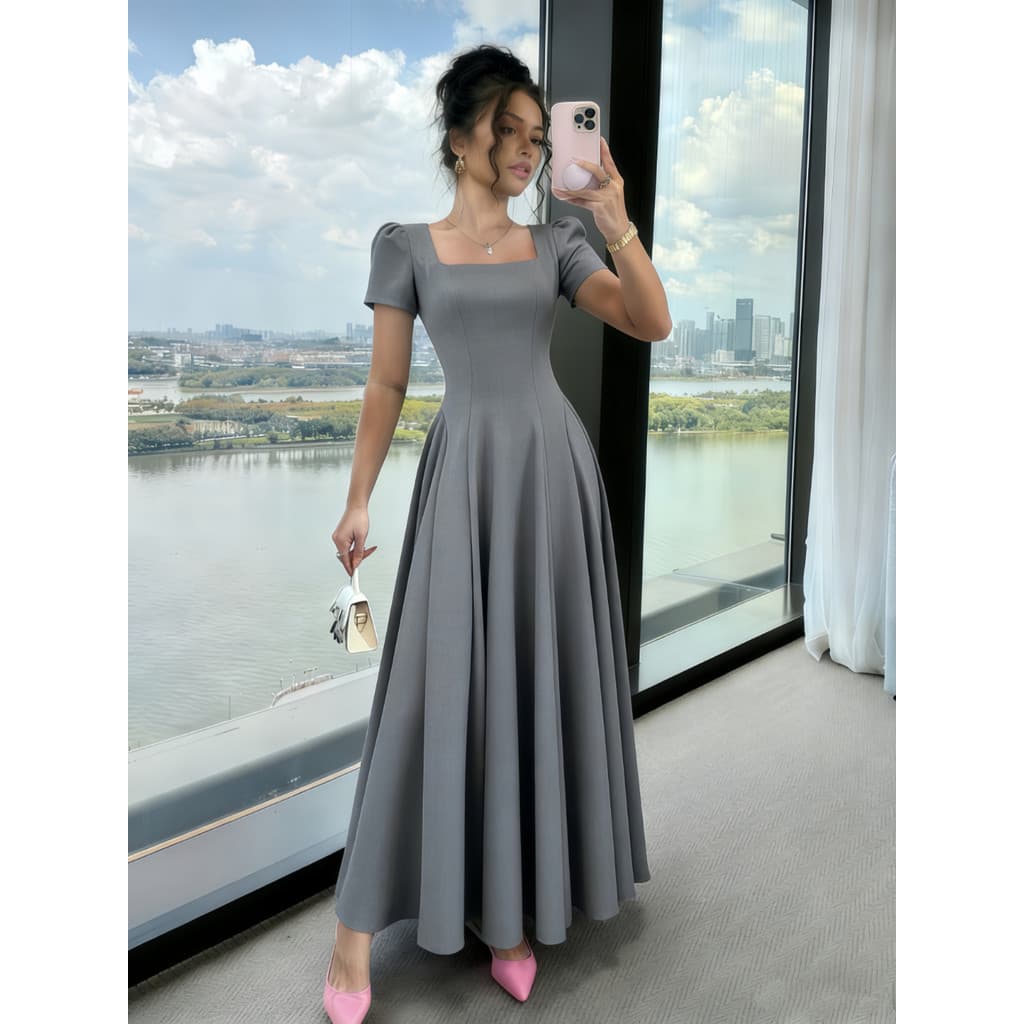 Vestido de mangas curtas feminino simplista versátil com cintura definida vários detalhes de costura silhueta e A, P M G