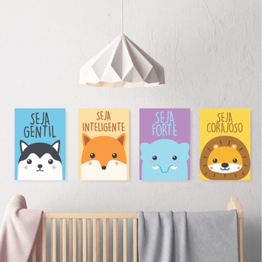 Kit com 4 Quadros/Pôster Infantil-Bichinhos Coloridos Menino e Menina Kit 104 Seja Gentil, Inteligente, Forte e Corajoso