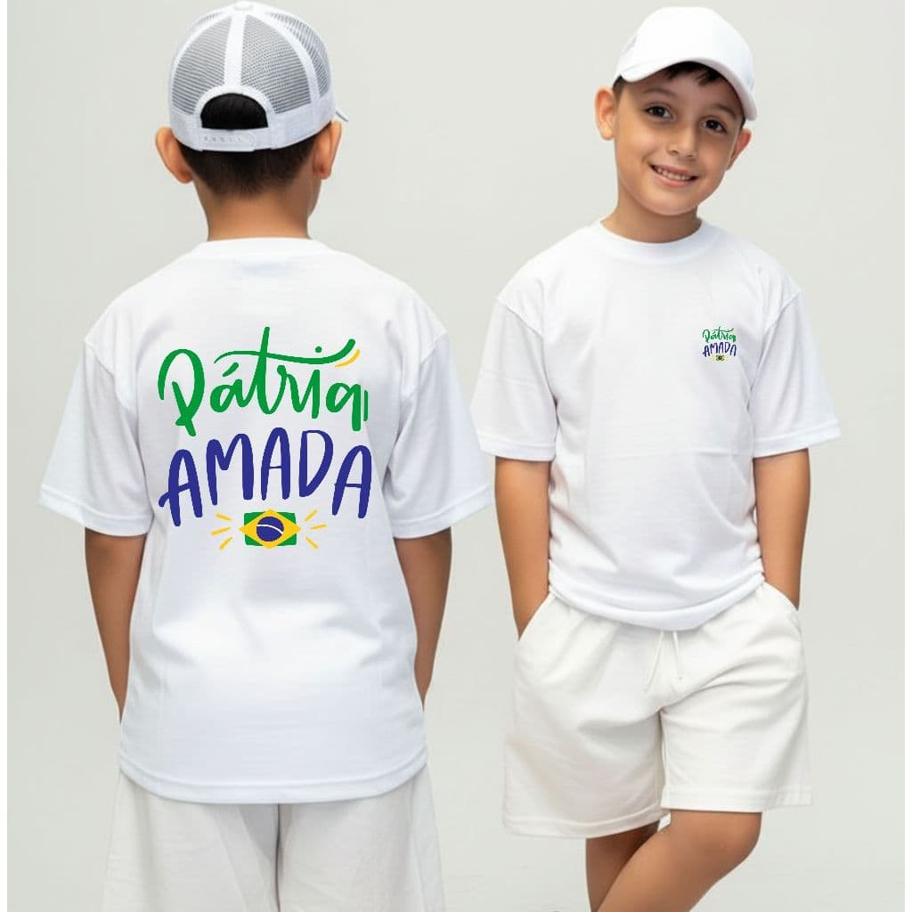Camiseta Infantil Malha 30.1 100% Algodão Camisa Juvenil Estilosa Divertida Patria Amada Brasil