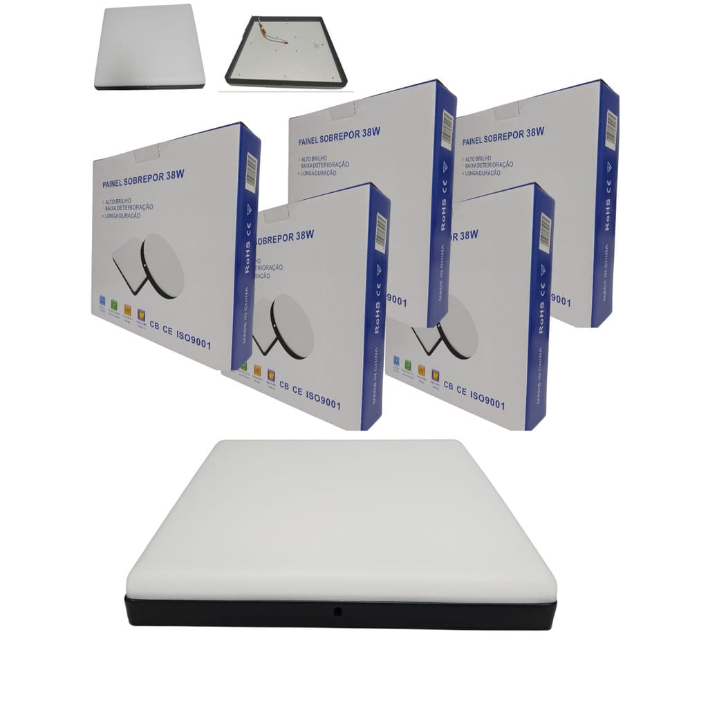 Kit 5 Luminária Led Plafon Borda Infinita PRETO 38W Sobrepor Quadrado Bivolt 22cmX22cm Frio 6500k ou Neutro 4000k
