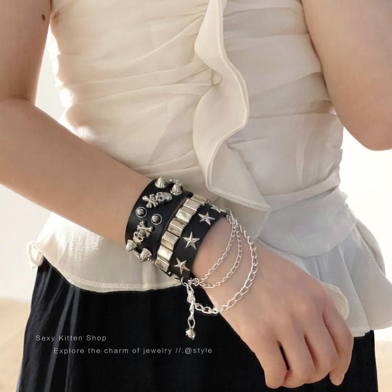 JTN Punk Gótico Pulseira Correntes De Metal Picos Rebite De Couro Manguito Punho Largo Feminino Masculino Jóias NW