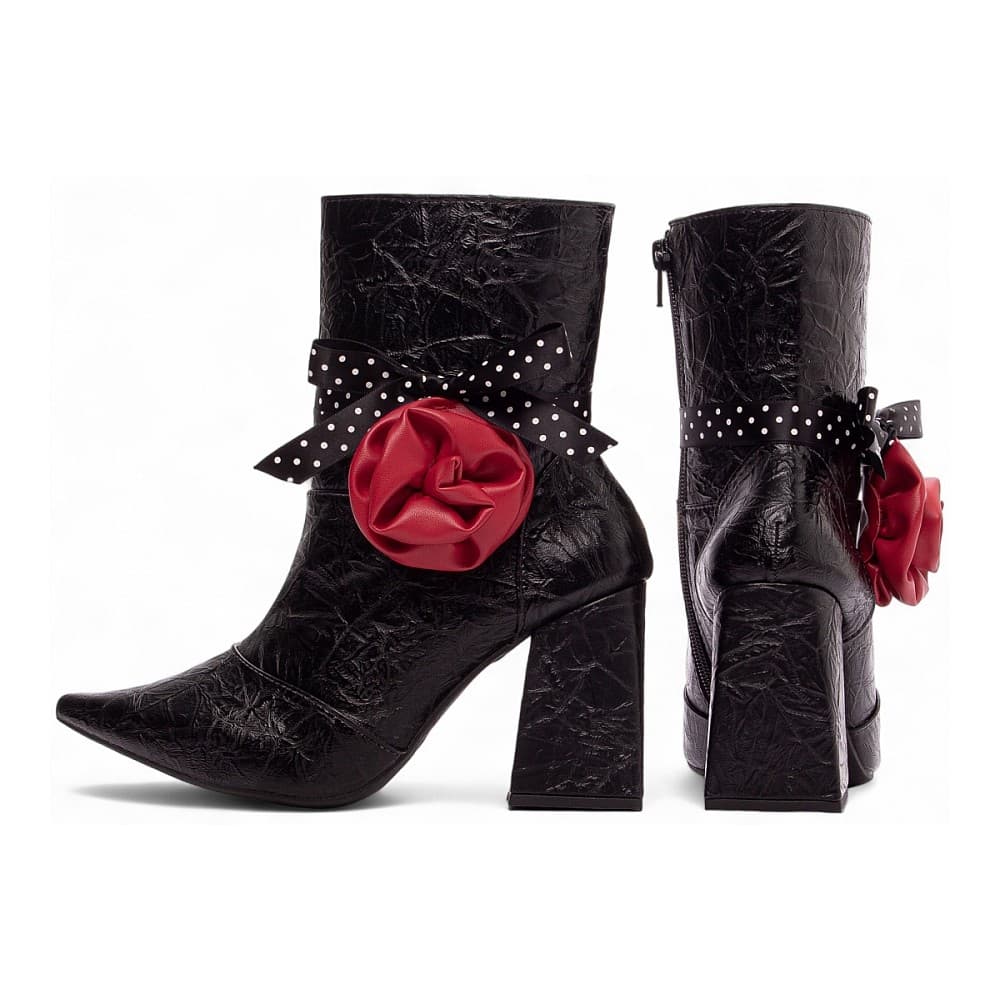 Bota Bico Fino Cano Médio Salto Bloco Alto Buquê Preto