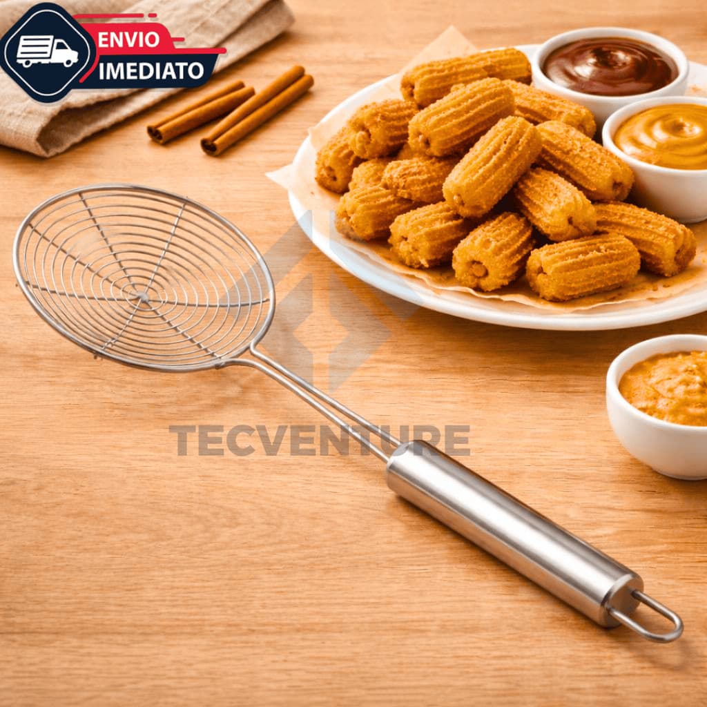 Escumadeira De Inox Cabo Longo 34Cm Com Bojo Aramado Para Fritura Escorredor De Massa