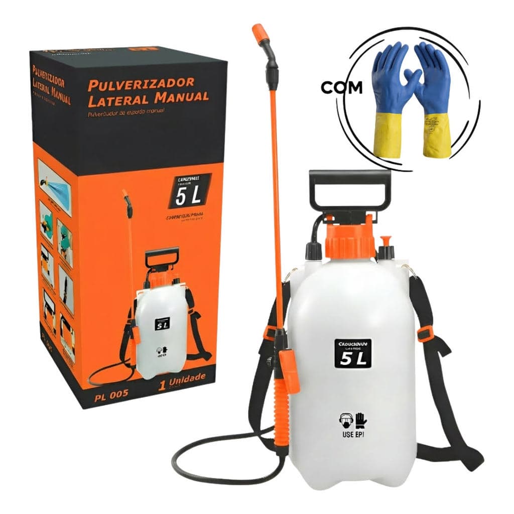 Pulverizador 5l Lateral De Jardinagem Bomba Veneno C/ Brinde Kit Epi Luva Látex Emborrachada Burrifador