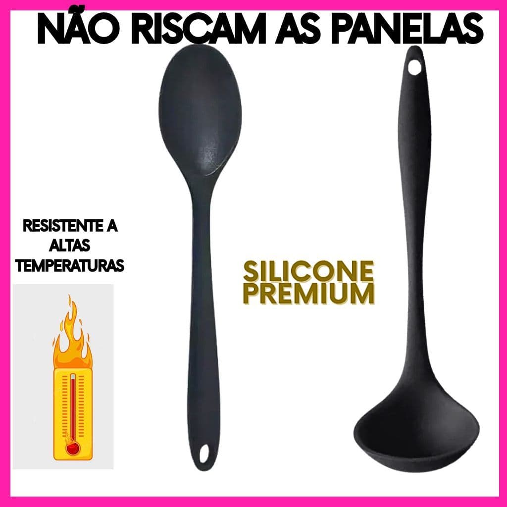 Kit 2 Peças Colher e Concha de Silicone Premium Preta – Utensílios de Cozinha Resistente ao Calor