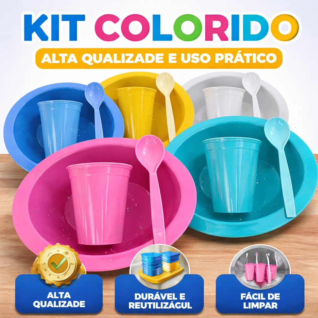 5 kit prato + colher + copo cores vivas resistente não quebra servir bolo festa refeição aniversario