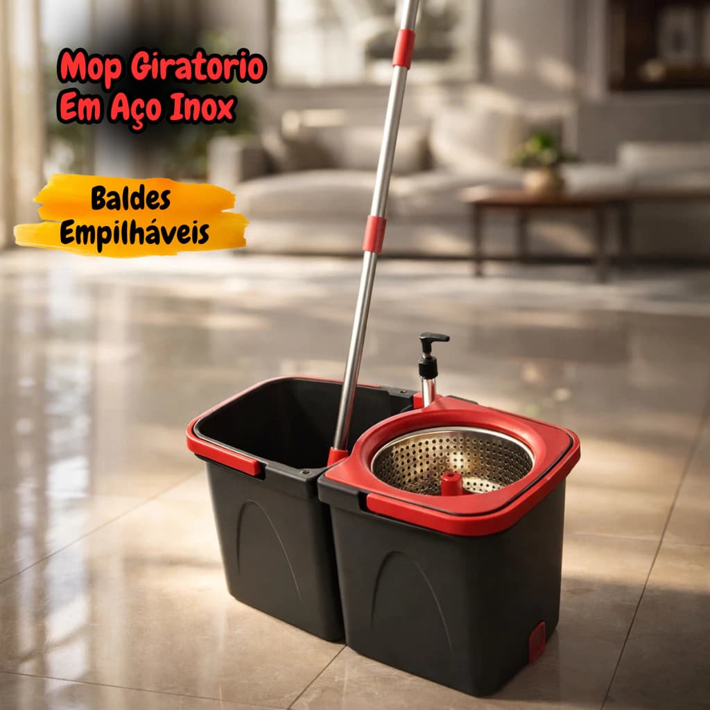 Mop Giratorio Duo Duas Aguas Limpeza 360 Grau Balde Duplo Centrifuga Aco Inox