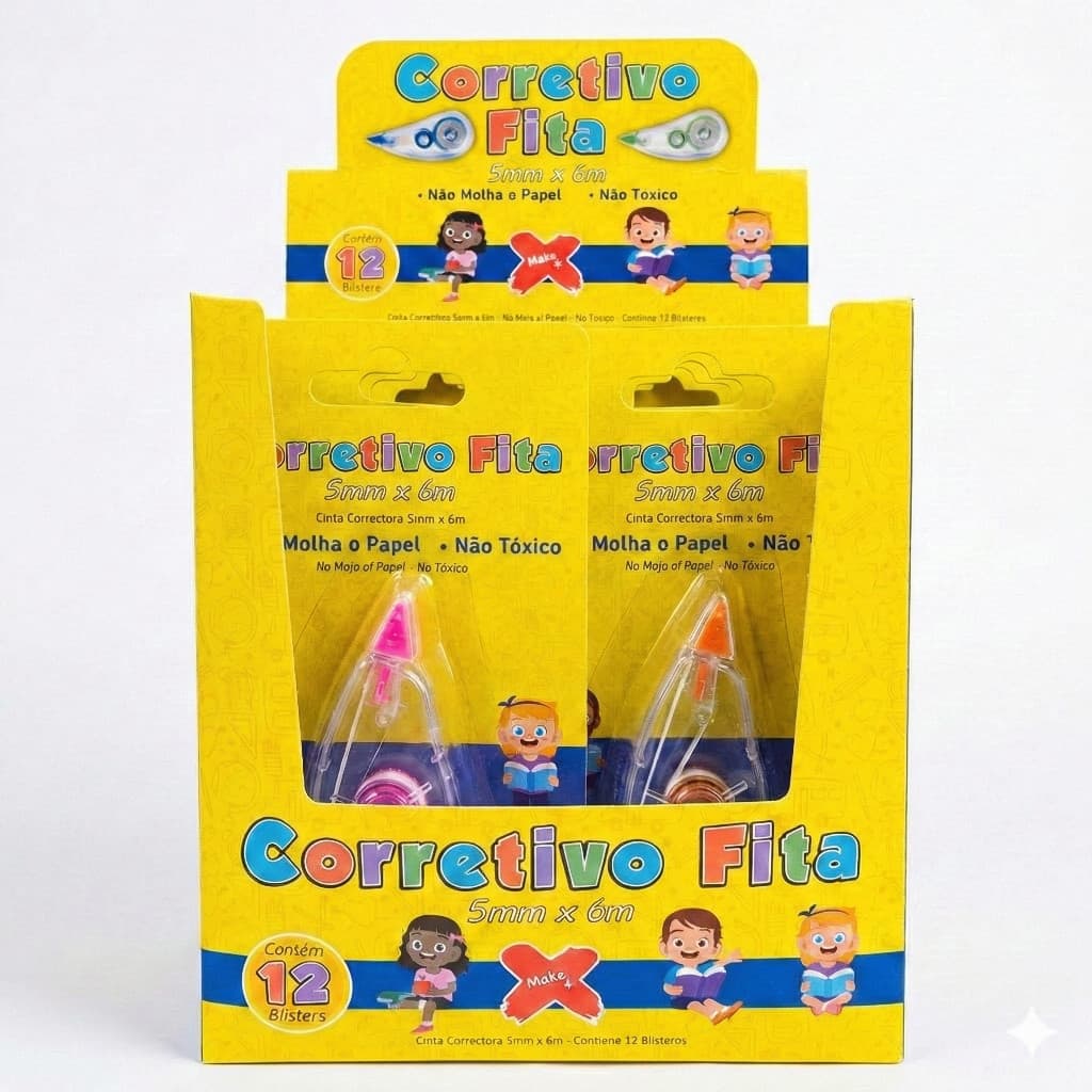 Corretivo Fita 5mm Kit 12 Não Molha Papel Atóxico Multicor