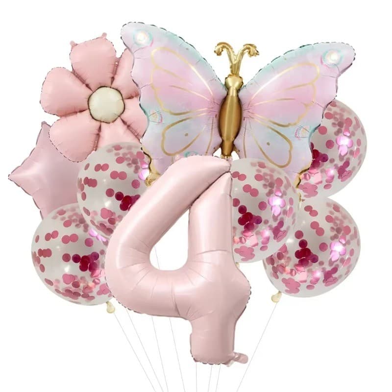 Balões Borboleta Bexigas com Confete + Número Idade Decoração Aniversário Meninas 9 Balões Rosa Festa Enfeite