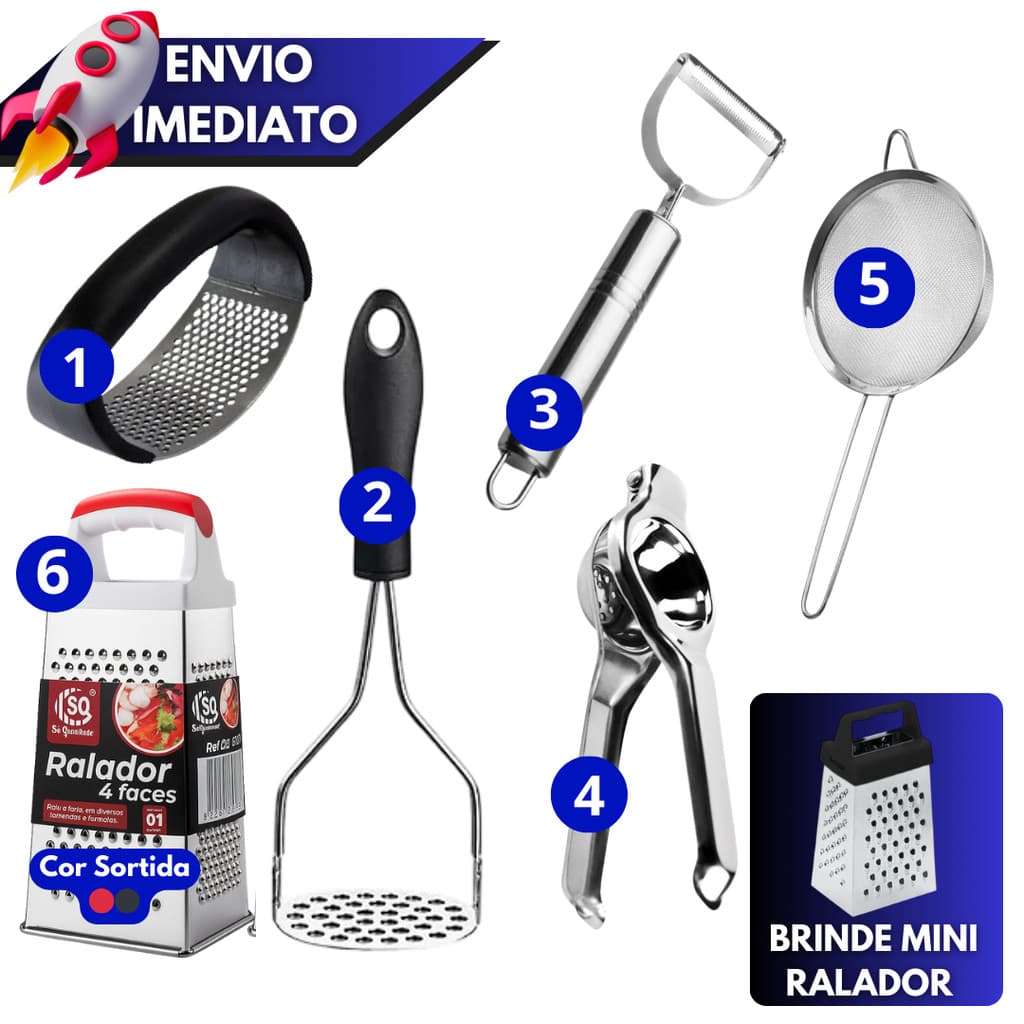 Kit 2/3/4/5/6 Peças - Conjunto Cozinha Amassador Batata  Amassador Alho  Descascador Ralador Peneira Espremedor Limão
