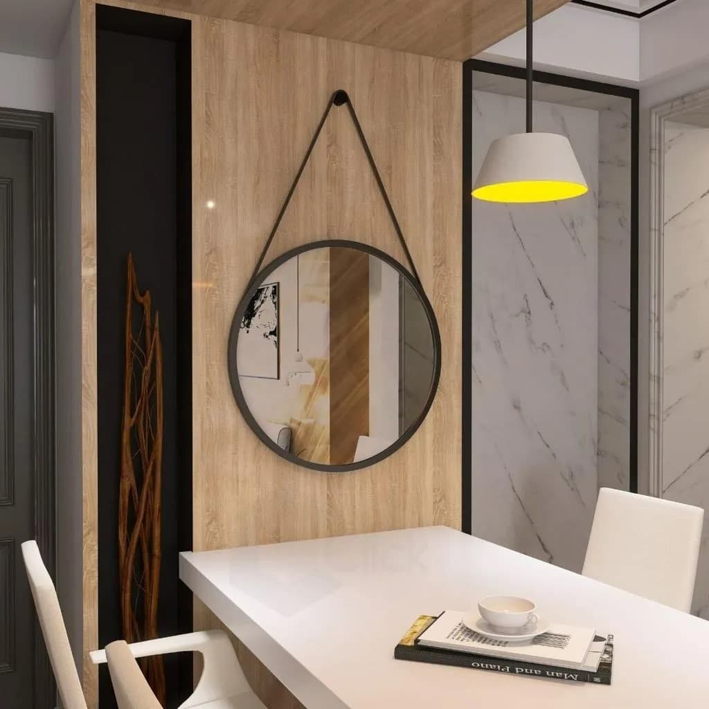 Espelho Redondo Parede Decorativo Preto alça sintética 45cm
