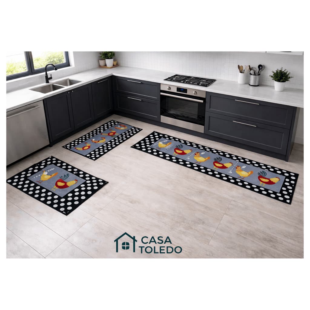 KIT TAPETE ANTIDERRAPANTE- 3 PEÇAS cozinha desenho jogo chão area servico variado poá galinha café