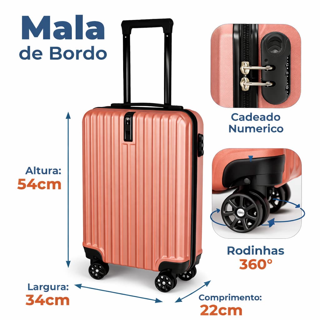 Mala de Viagem Bordo 10kg Fibra ABS Rodinhas 360° e Cadeado ANAC 20” Rose