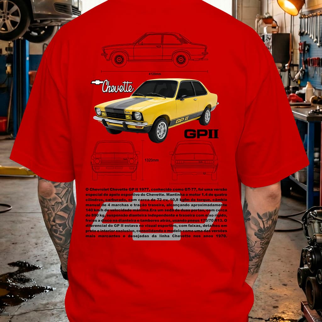 Camiseta GM Chevette Chevrolet GPII Carro Antigo Clássico Retrô Anos 70 100% Algodão Estampa DTF Exclusiva Masculina