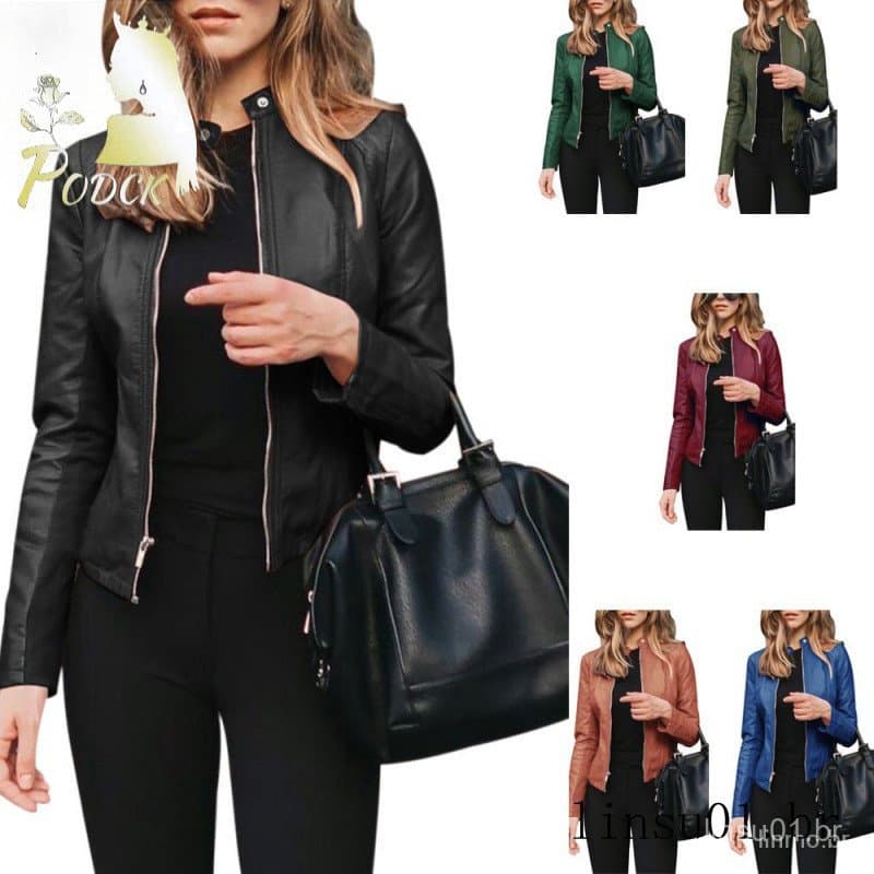 Jaqueta Feminina De Couro Plus Size Outono/Inverno Cor Sólida Casaco Com Zíper Fashion